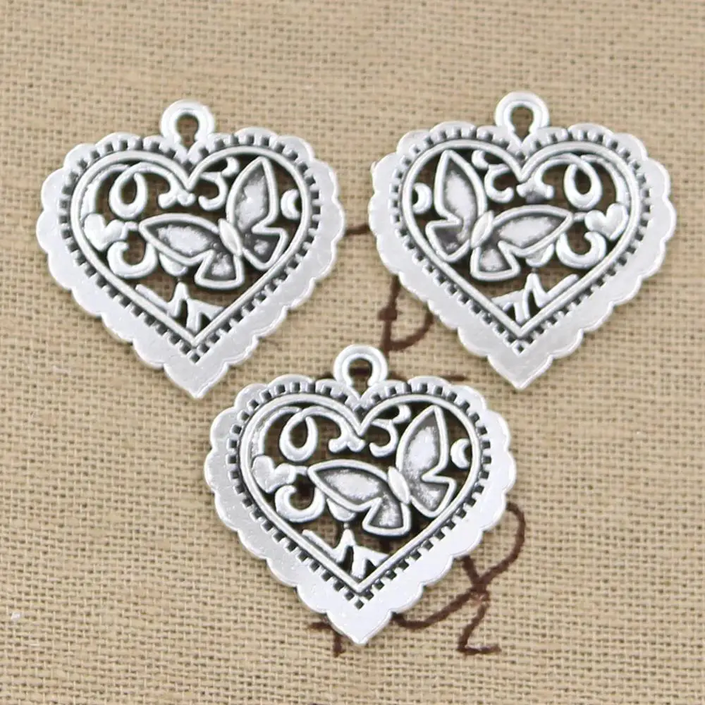 

15pcs Charms Heart Butterfly 25x24mm Antique Silver Color Plated Pendants Making DIY Handmade Tibetan Silver Color Jewelry