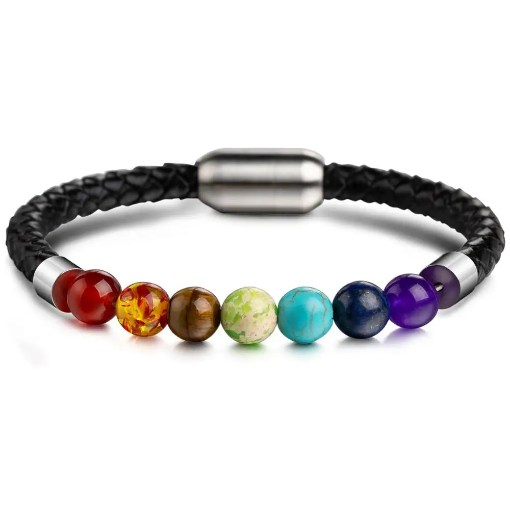 7 Chakras UMODE брендовые кожаные браслеты для мужчин, Исцеляющие настоящие 7 Чакр из натурального камня, мужские дизайнерские ювелирные изделия, Роскошные браслеты UB0127 - Окраска металла: 7 Chakras