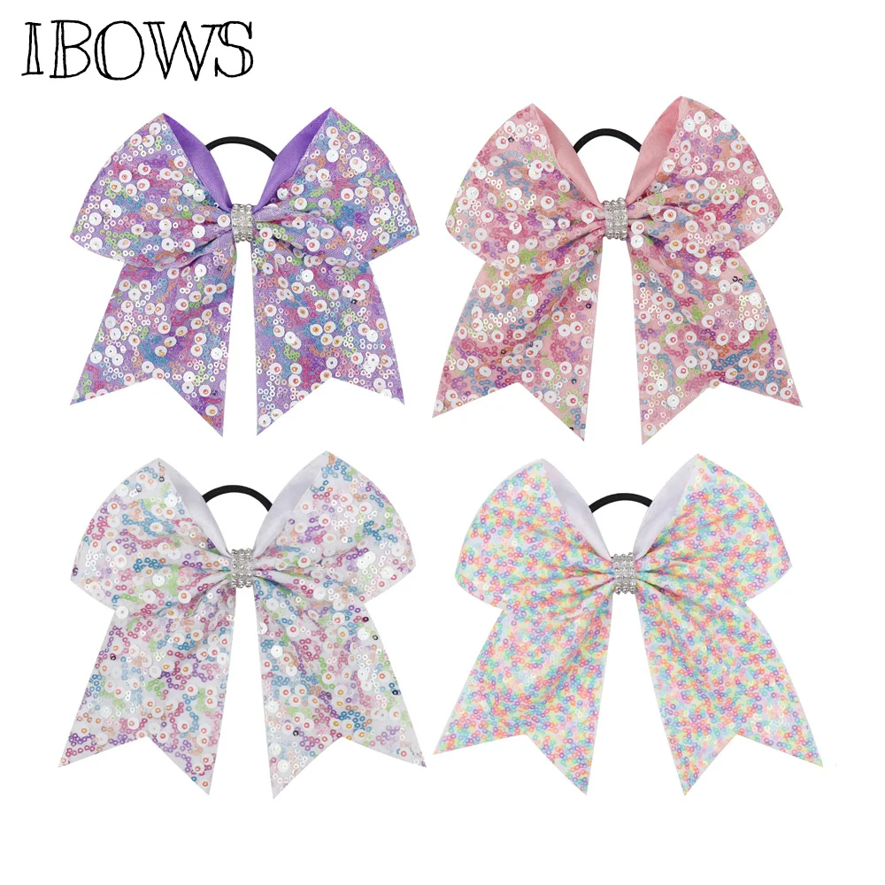 

IBOWS Hair Accessories Cheer Bow For Girls Sequin Elastic Band 7 Inch Rhinestone Bowknot Cheerleading Bows 2019 New Arrive Style