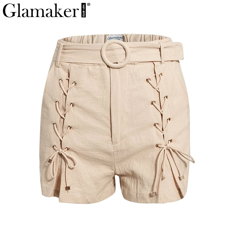 shorts Glamaker хаки ремень с пряжкой брюки женские брюки модные на шнуровке с высокой талией широкие брюки сексуальные летние повседневные свободные брюки низ - Цвет: shorts