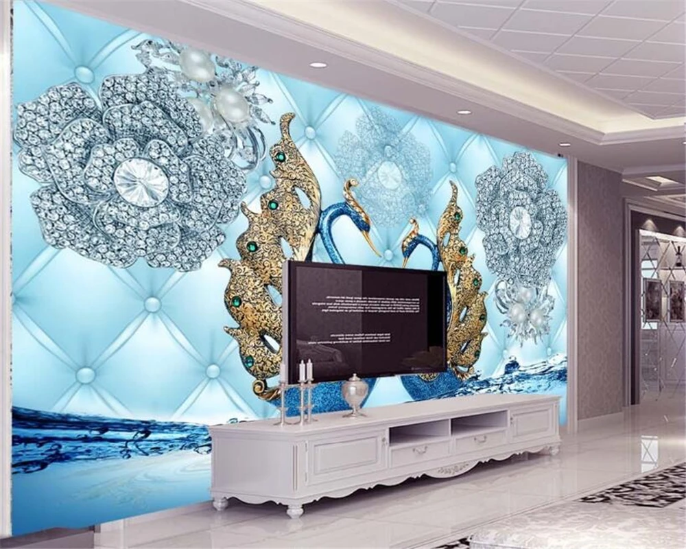 Пользовательские обои Beibehang роскошный 3d Лебедь бриллиант цветок водяные знаки