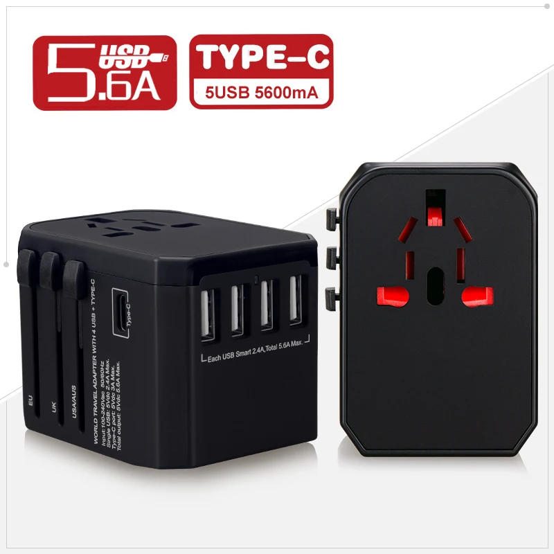 Универсальный адаптер для путешествий с разъемами USB Type C и 4 зарядное устройство