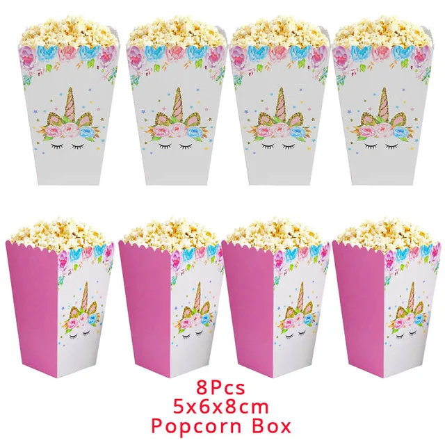8pcs popcorn box Единорог вечерние украшения счастливый флажок на день рождения баннер овсянка Войлок Единорог рог цветок пальмовый лист День Рождения украшения для детей - Цвет: 8pcs popcorn box