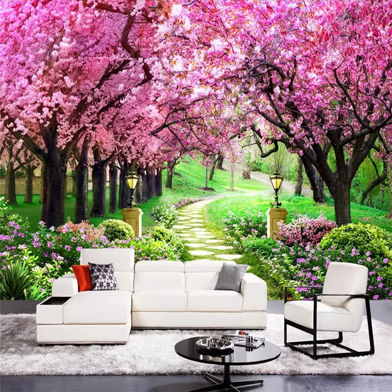 Sakura forest garden path landscape painting wall professional production mural wholesale wallpaper poster photo |