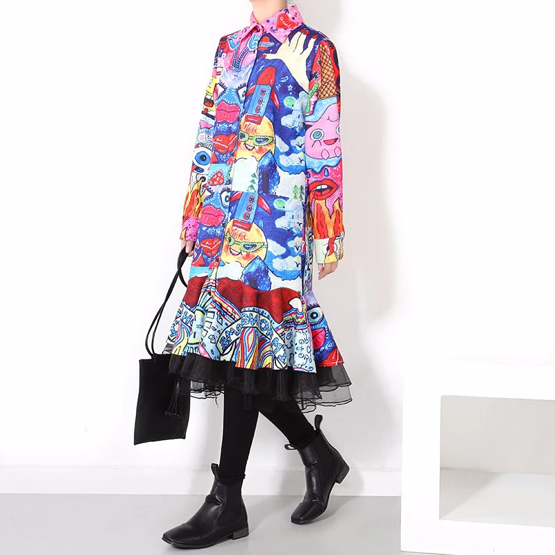 New 2018 Women Colorful Flare Shirt Dress Long Sleeve Trumpet Bottoms Cartoon Multicolor Printed Boho Chic Midi 1945 |
