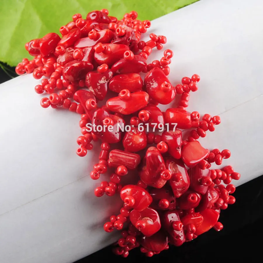 Red coral TK3018 Модные Ювелирные изделия Широкий натуральный драгоценный камень 4~ 8 мм Beade Chips плетение браслет 7 дюймов TBK301 - Окраска металла: Red coral TK3018