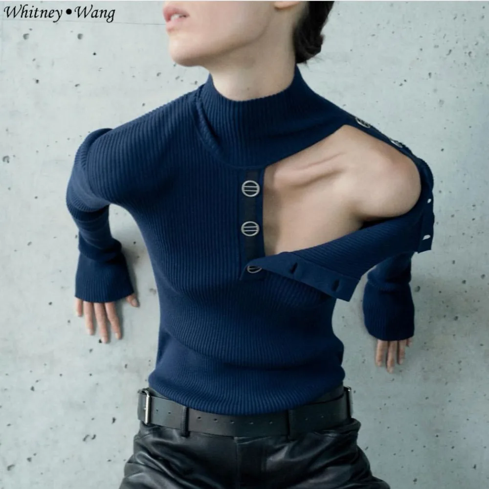 WHITNEY WANG 2018 Autumn Winter Fashion Streetwear Sexy Buttons Hollow Out Slim Sweater Women Jumper Pullover Sweaters Womens | Женская