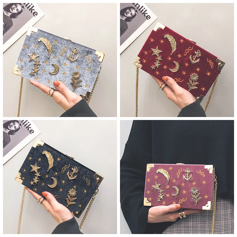 Moon Stars Box Bag Женская Бархатная мини-сумка через плечо модные брендовые