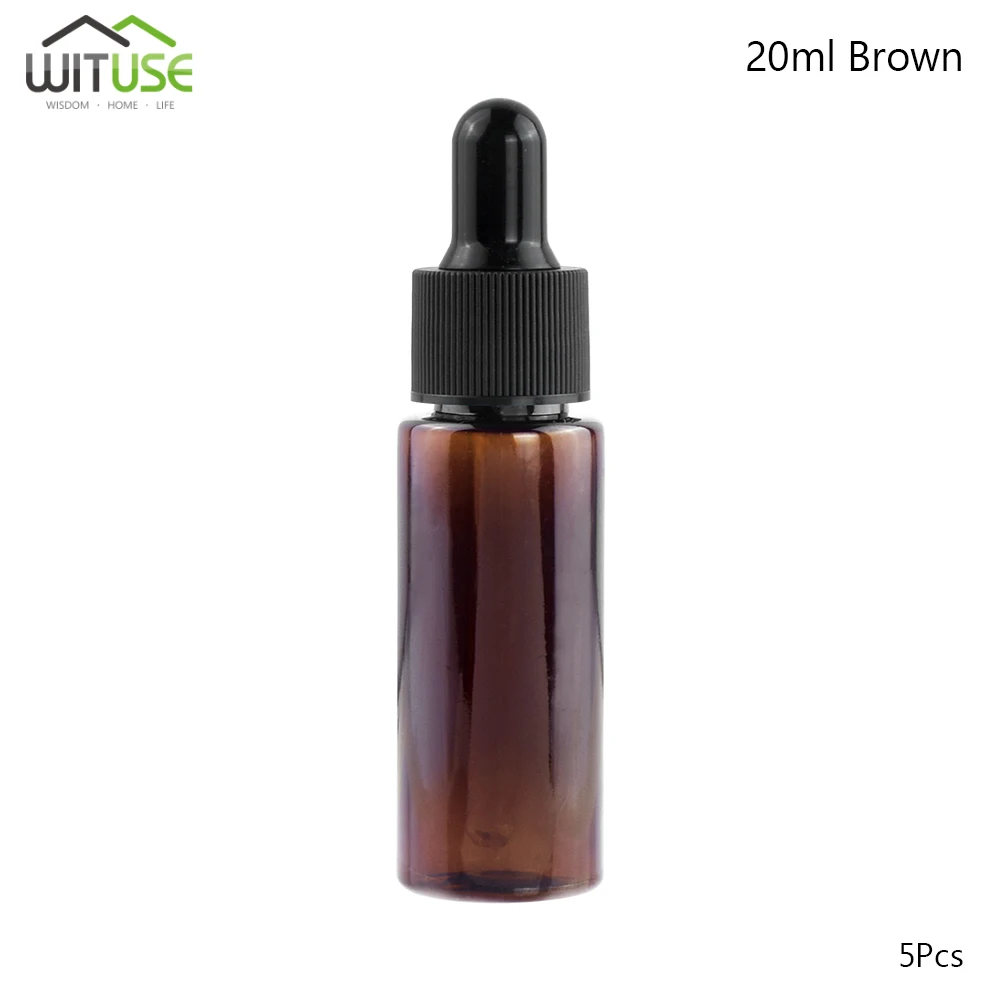 20ml Brown 5x10 мл 15 мл 20 мл пустая ПЭТ пластиковая бутылка стеклянная капельница масляный флакон для эфирных масел многоразового использования капля Пипетка для жидкости бутылки 4 цвета - Цвет: 20ml Brown