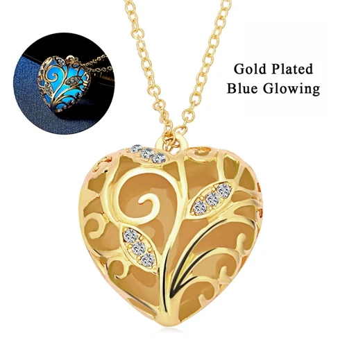 Gold-Glow Blue Волшебная красивая фея стимпанк светится в темноте сердце любовь медальон кулон ожерелье светящиеся украшения для женщин ожерелье s подвески - Окраска металла: Gold-Glow Blue