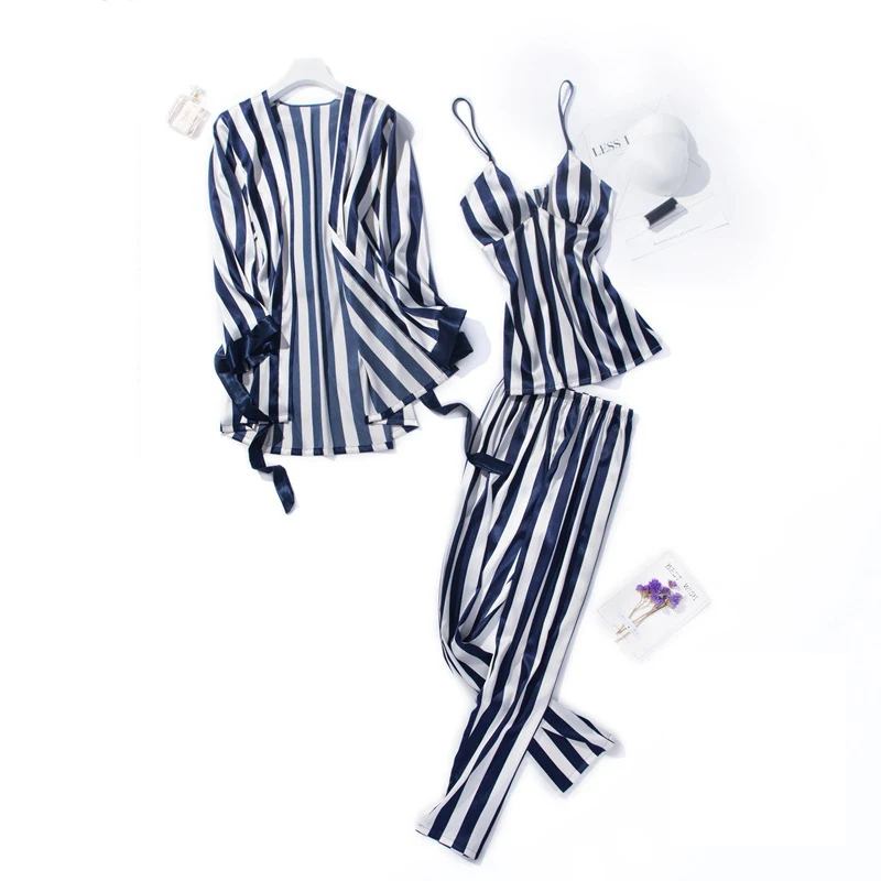 3 piece Striped Pajama Sets sleepwear Ladies top Sexy Big Size bath robe Homewear women set Autumn Winter | Женская одежда