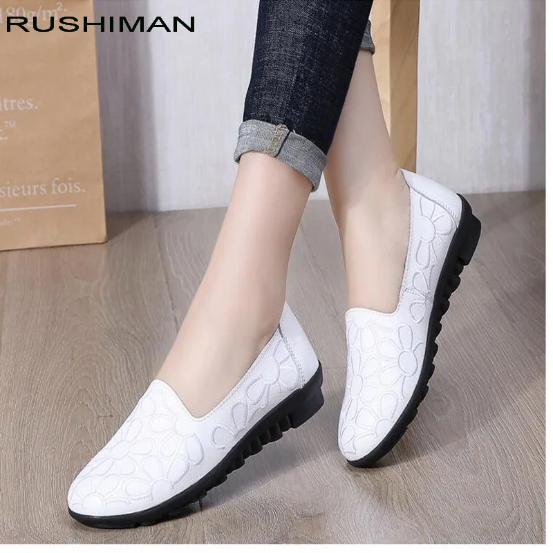RUSHIMAN 2021 Split Leather Oxford Flat Shoes For Women New Autumn Embroidered Round Toe Casual  Ladies Loafers Walking shoes