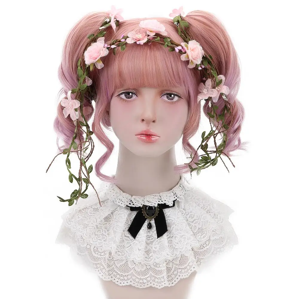 

12"Pink Purple Ombre Synthetic Hair Cosplay Lolita Wig For Women 2 Claw Ponytail Hair Extension Bob Wig With Bangs HeatResistant