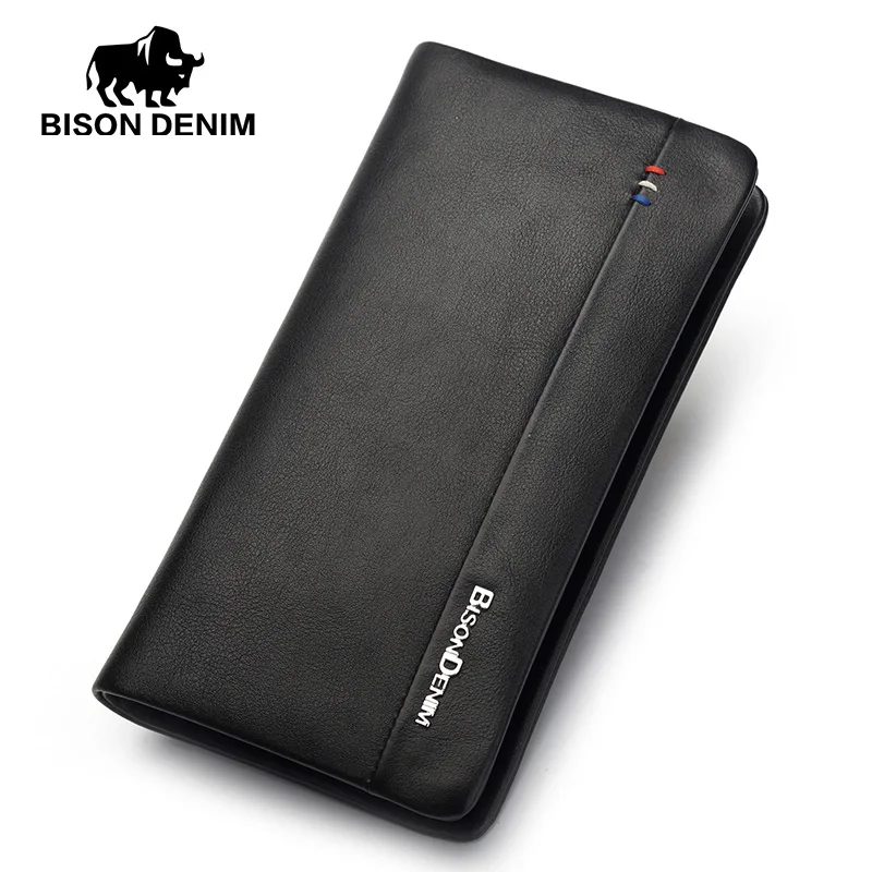 Мужской кошелек BISON DENIM черный длинный деловой клатч из натуральной кожи 2019 |