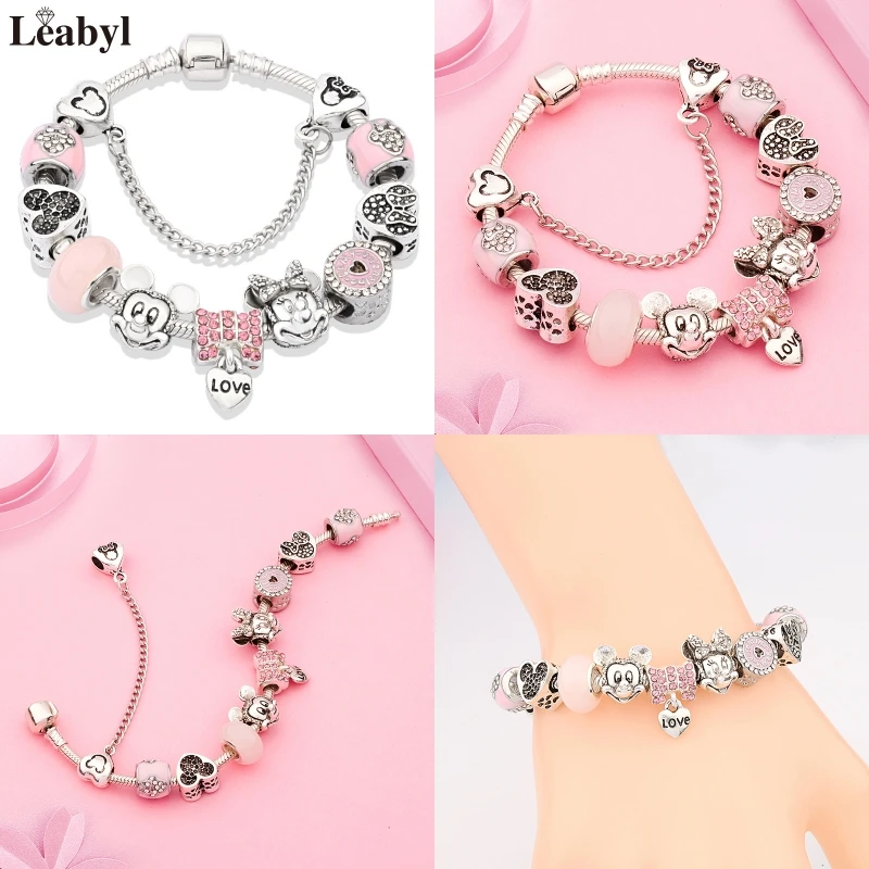 Милое платье принцессы с красной эмалью, браслет Minnie, серебряный замок, браслет из бисера, сделай сам, муранский кристалл, очаровательный браслет, браслеты для девочек