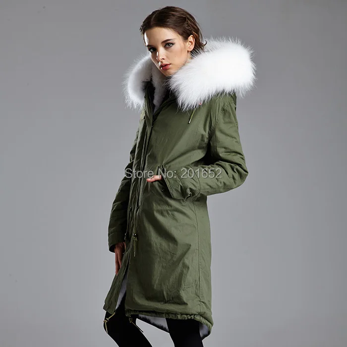 Парка женская меховая пальто болотного цвета с подкладкой из натурального меха
