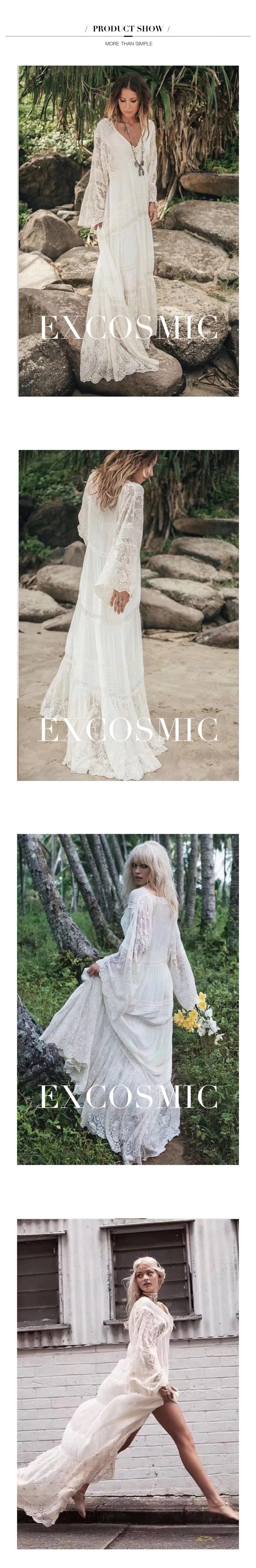 EXCOSMIC высокое качество лоскутное открытое Цветочная вышивка женское белое платье Высокая талия с расклешенными рукавами элегантное кружевное пляжное платье