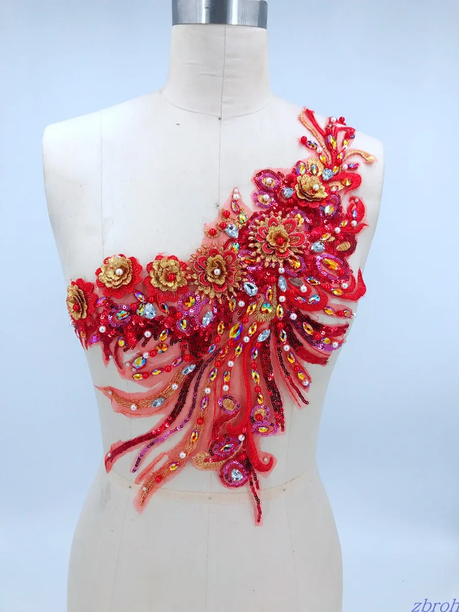 

handmade red Hot drilling Rhinestone beaded lace embroidery patch applique wedding dress bordados DIY Performance clothing