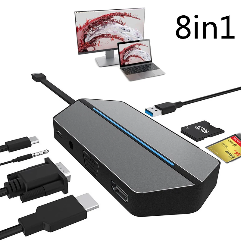8 в 1 Тип C к HDMI ТВ HDTV VGA видео адаптер конвертер USB 3 0 концентратор CF SD TF кардридер 5