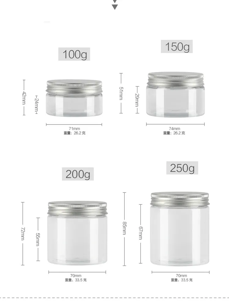 30 шт.* 100/150/200/250G крем баночки для крема пластиковый косметический контейнер Макияж маска бак, Упаковочная горшок банки Алюминий Кепки