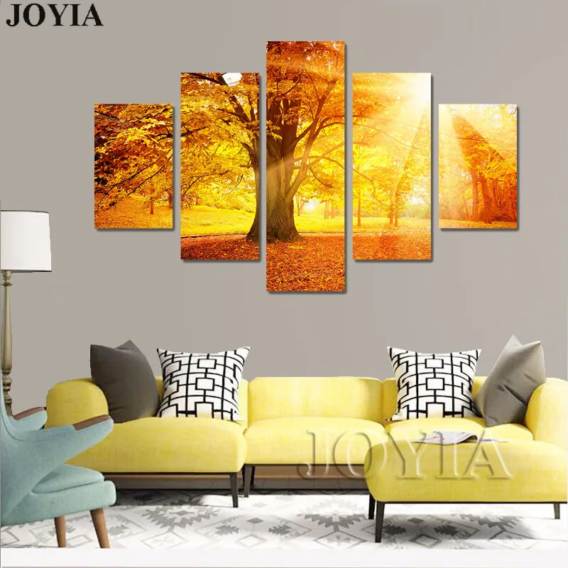 5 шт холст печать красивые лесные деревья осень туман Солнечный свет настенные