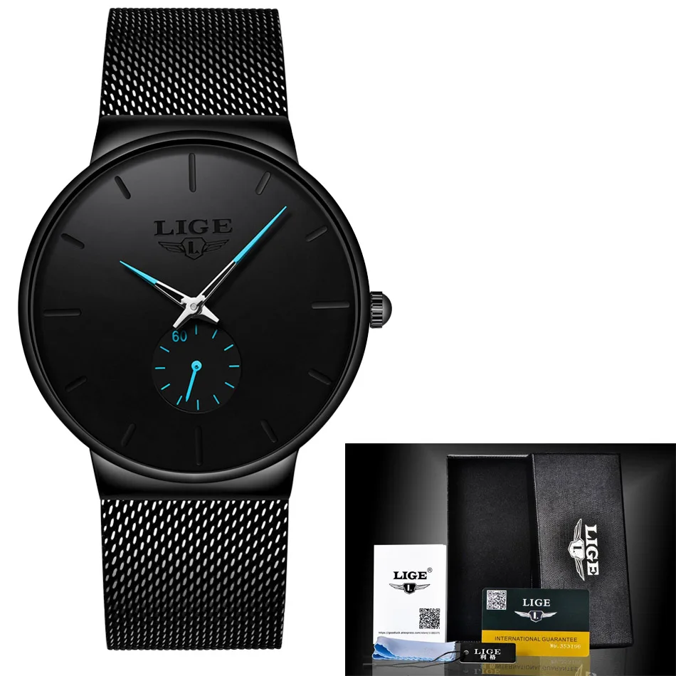 Black blue LIGE, женские часы, Лидирующий бренд, Роскошные, для девушек, с сетчатым ремешком, ультра-тонкие часы, нержавеющая сталь, водонепроницаемые часы, кварцевые часы, Reloj Mujer - Цвет: Black blue