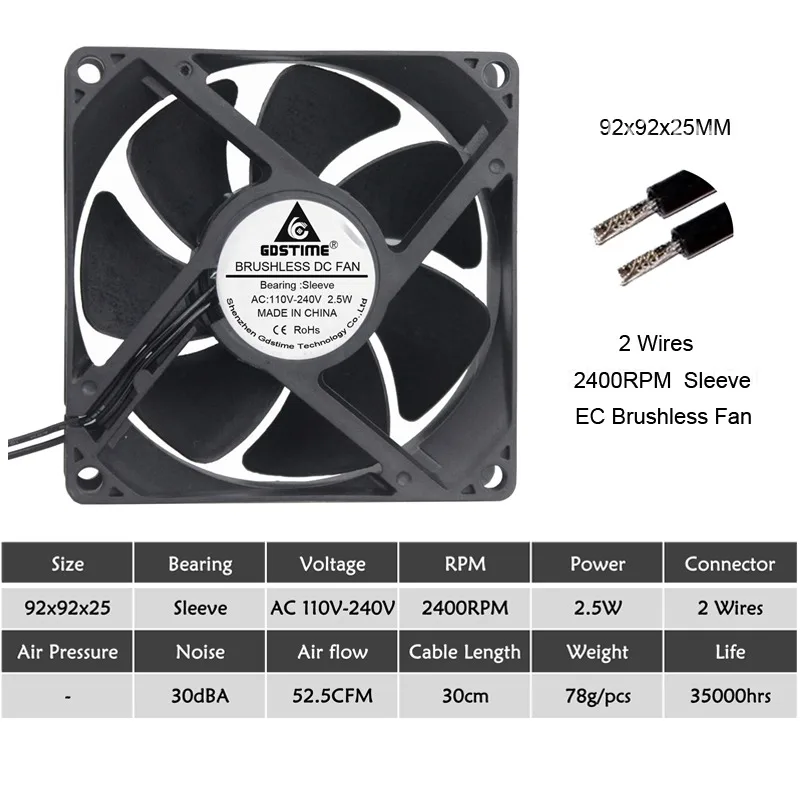 Sleeve 92x92x25mm Gdstime EC Бесщеточный вентилятор охлаждения переменного тока 110 в 120 в 220 в 240 В шарикоподшипник осевой вентилятор 60 мм 80 мм 90 мм 120 мм - Цвет лезвия: Sleeve 92x92x25mm