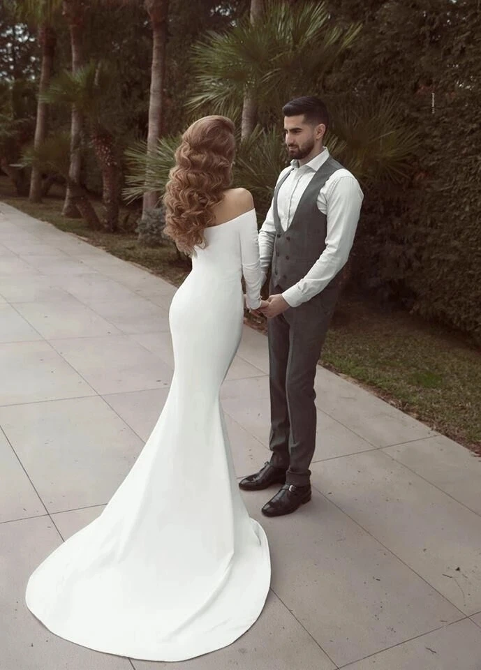 Arabic Mermaid Wedding Dress 2019 Off the Shoulder Ruffles Sweep Train Vestido De Novia Buttons robe de soiree | Свадьбы и торжества