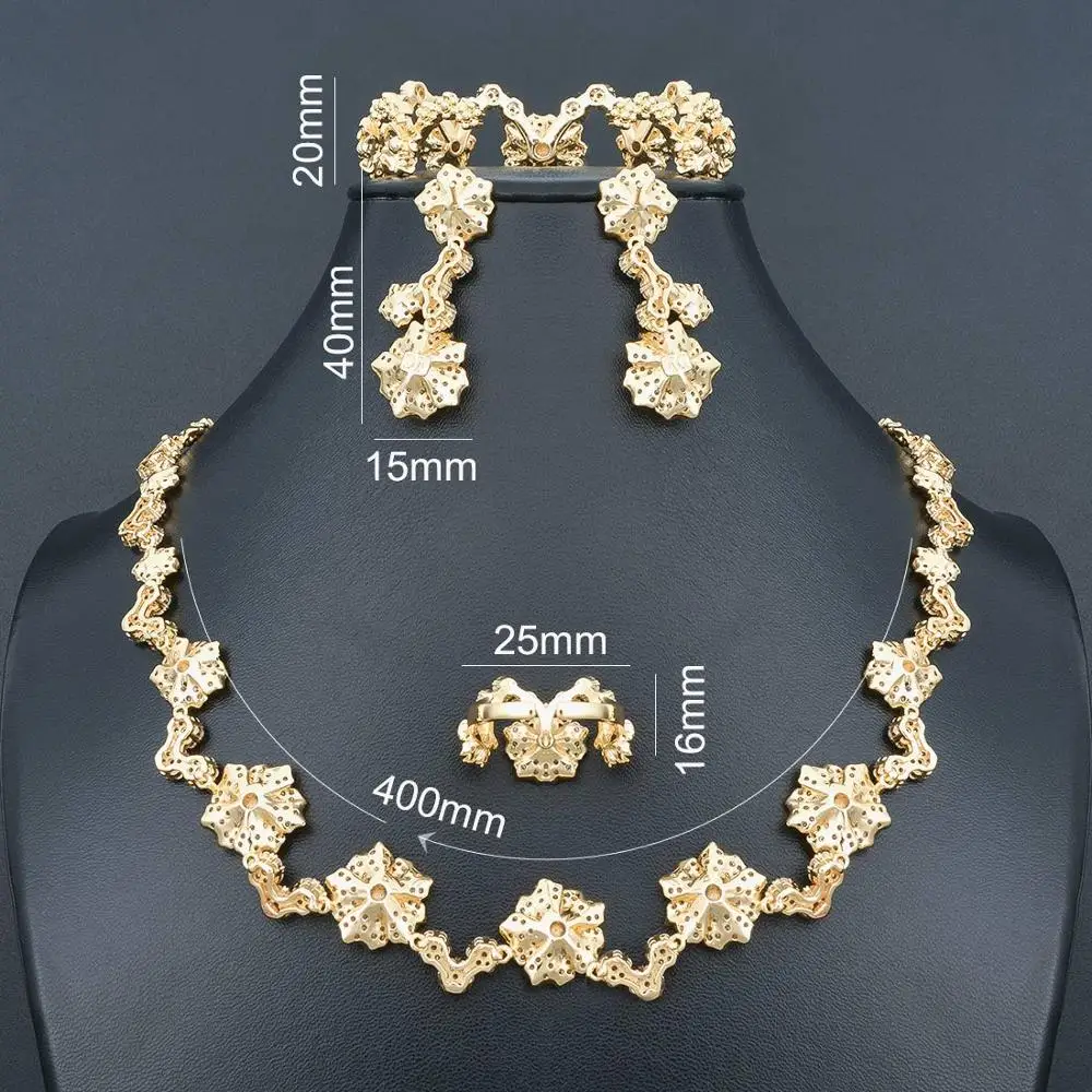 ModemAngel изящный Цветок фианит золотой цвет ожерелье браслет серьги кольцо для