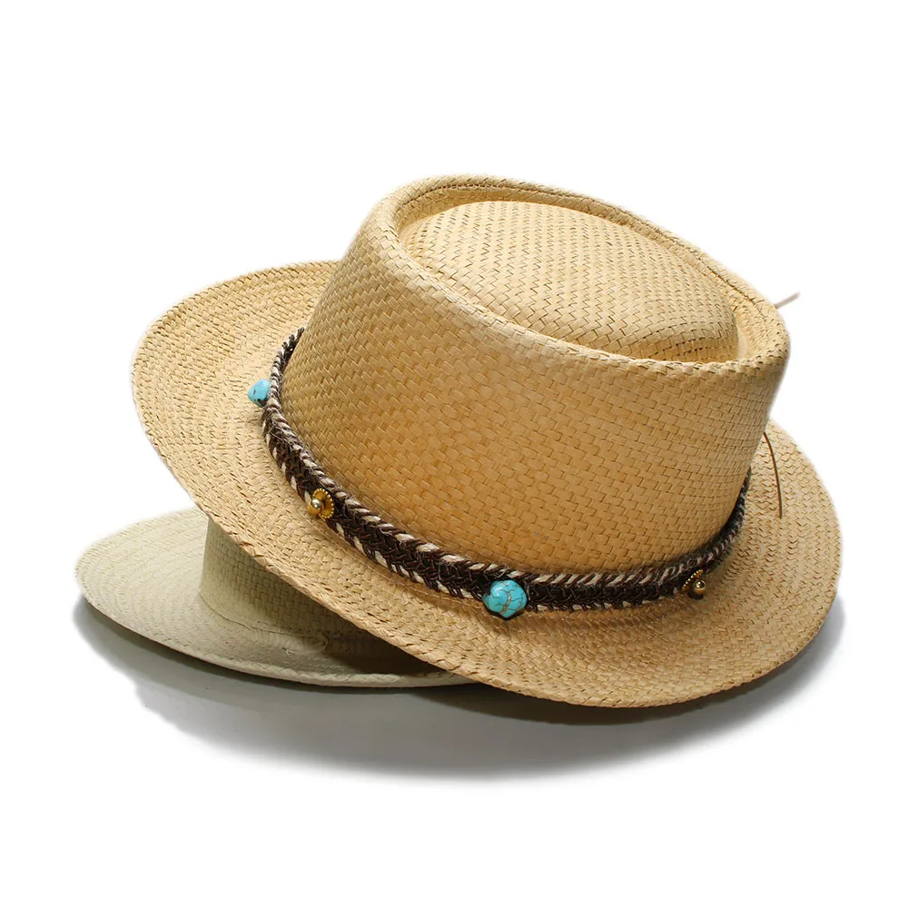 

Women Men Summer Fashion Raffia Straw Pork Pie Pork-pie Sun Hat Beach Travel Outdoor Boater Cap Turquoise Braid Band 57-60cm