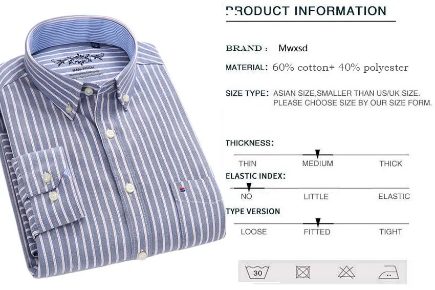 Mwxsd high quality Casual Mens Oxford Cotton Shirt Men Striped plaid wedding part Shirts male slim fit non iron Easy care shirt