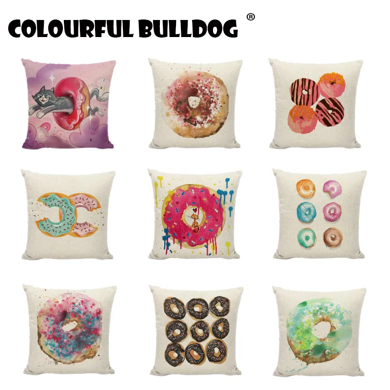 

New Design Delicious Food Cushion Cover Cartoon Graffiti Printed Home Decor Dining Chair Bakery Donuts Throw Pillow Case 45x45cm