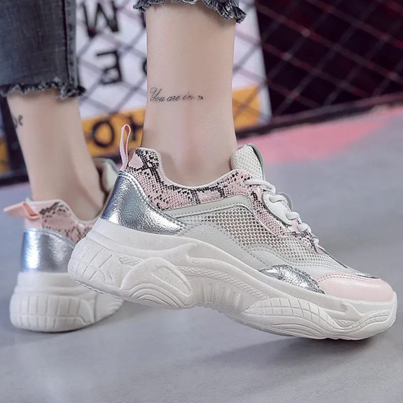 Women Sneakers Vulcanized Shoes Summer Lace-up Mesh Leather Laser Casual Pink Platform 201918w | Обувь