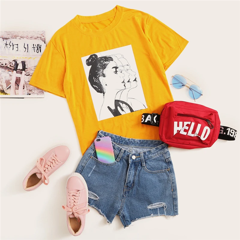 Dotfashion, женская футболка с принтом горчичной фигуры, осень, модная одежда, топы, Повседневная летняя футболка с коротким рукавом в Корейском стиле