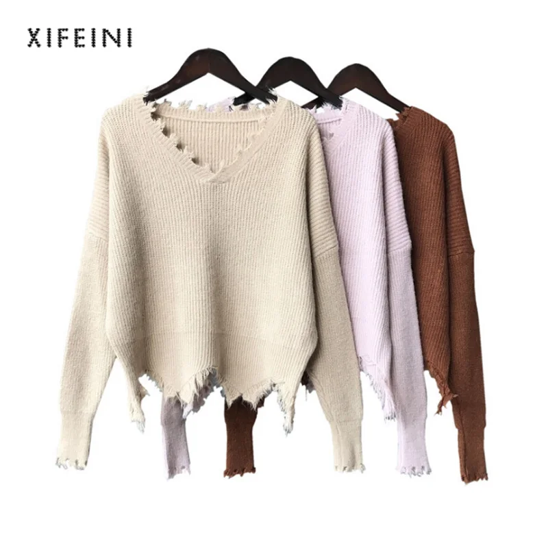 XIFEINI Для женщин свитер кисточкой нищий нерегулярные леди новый 2018 V-образным