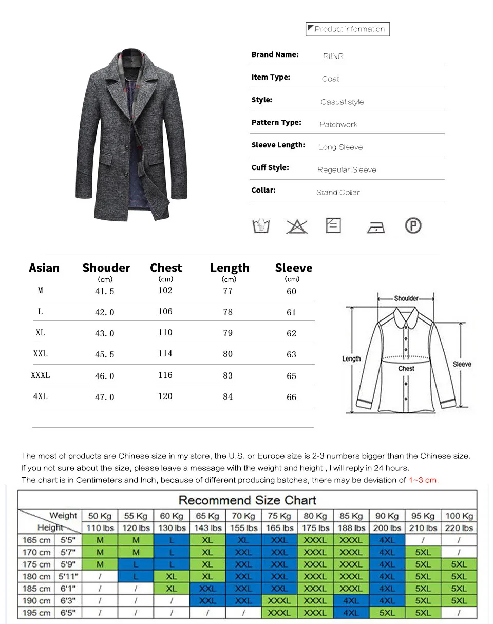 NEW Men Winter Warm Trench Woolen Coat Slim Fit Casual Reefer Jackets Solid Stand Collar Single Breasted Peacoat parka