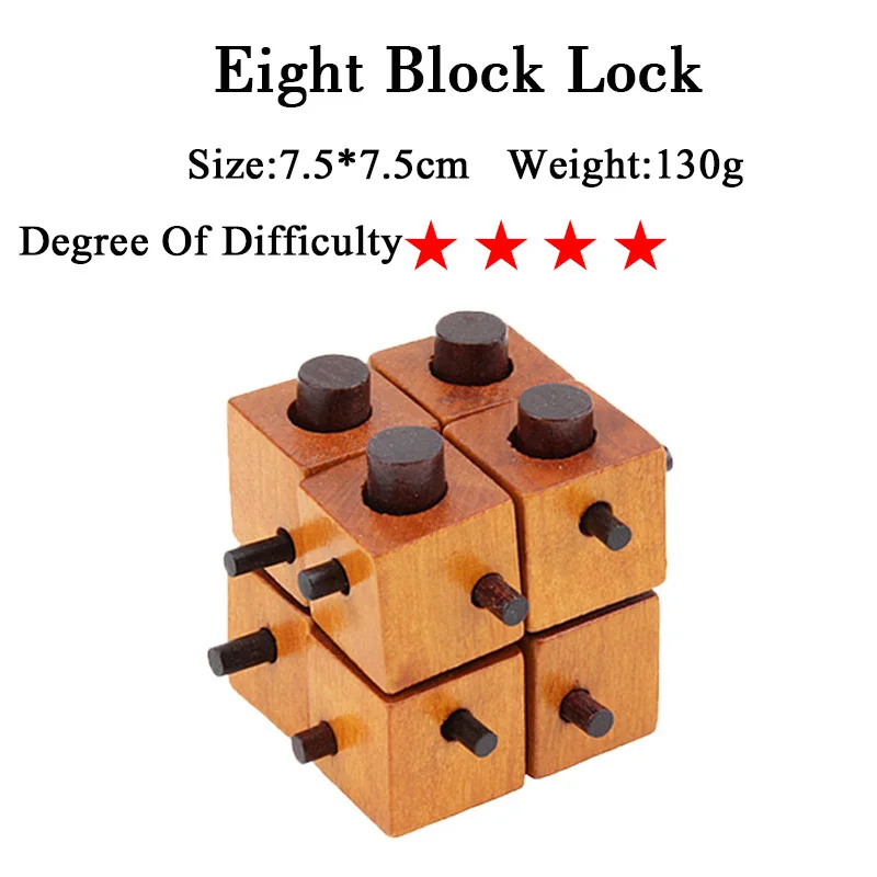 Eight Block Lock IQ мозговой тизер Kong Ming Lock Lu Ban Lock 3D деревянные переплетенные головоломки игра игрушка для взрослых детей - Цвет: Eight Block Lock