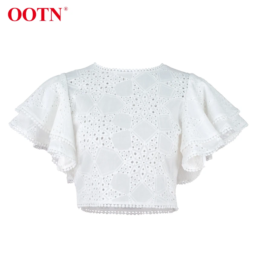 OOTN рукав «летучая мышь» белый короткий топ оборки блузка женская Повседневная открытая короткий рукав топы блузки с воротником летняя рубашка женская