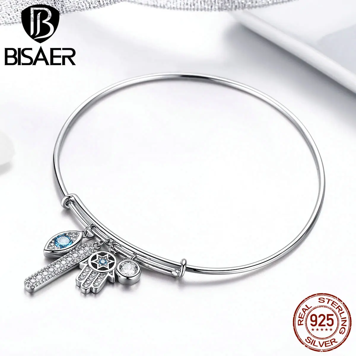 BISAER 925 пробы Серебряный счастливый синий сглаза Хранитель регулируемые браслеты браслет для женщин подлинные серебряные ювелирные изделия ECB128