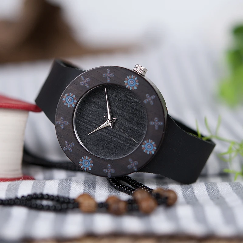 BOBO BIRD WD25 Womens Ebony Vintage Wooden Watch Ladies UV Print Flower Wood Watches Customize Gift Box | Наручные часы