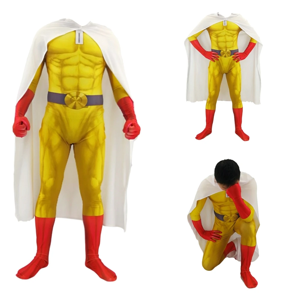 

Anime ONE PUNCH MAN Costumes Superhero Saitama Cosplay Men Boys Halloween Jumpsuit Outfits with Cloak Cape Full Set Kids Adult