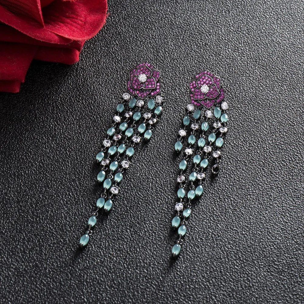 Bilincolor long black gun plated vintage purple rose flower with green tassel earring for women | Украшения и аксессуары