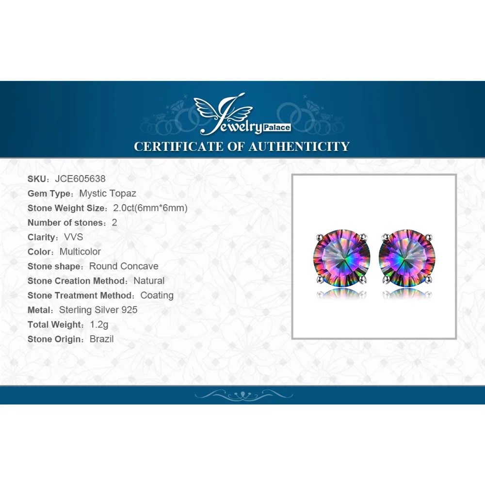 Jewelrypalace классический 2ct Natural Mystic Радужный топаз круглые серьги из натуральной 925