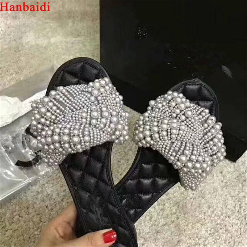 Hanbaidi 2018 Pearl Bead Slipper Woman Peep Toe Handwork Flat Gladiator Sandals Women Fashion Casual Shoes Summer | Обувь