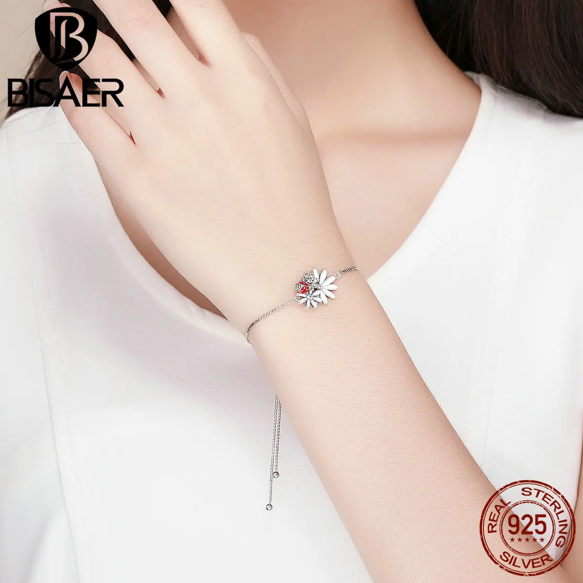 BISAER, 925 пробы, серебро, божья коровка, цветок ромашки, цепочка, женские браслеты, браслеты для женщин, Pulseira, серебро 925, ювелирное изделие ECB101