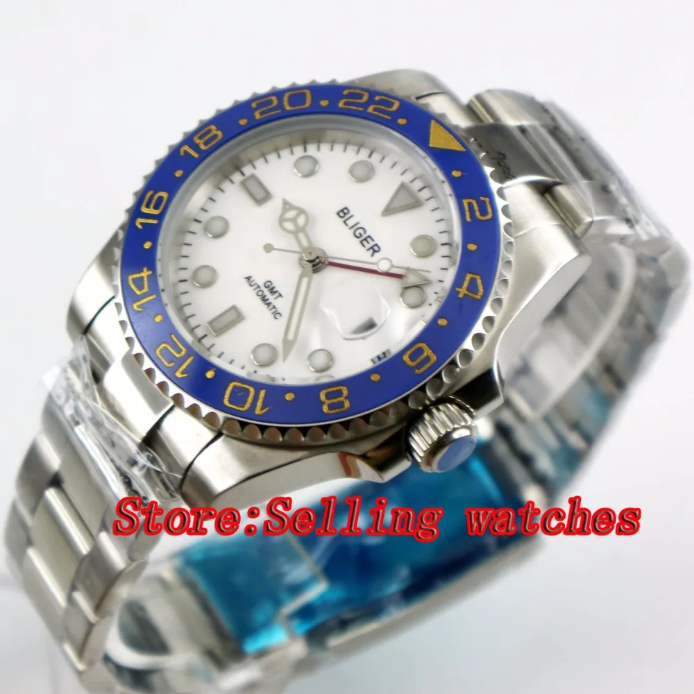 

40mm Bliger White Dial ceramic bezel red GMT Luminous Hands Sapphire Glass Automatic Movement Men's Mechanical watches