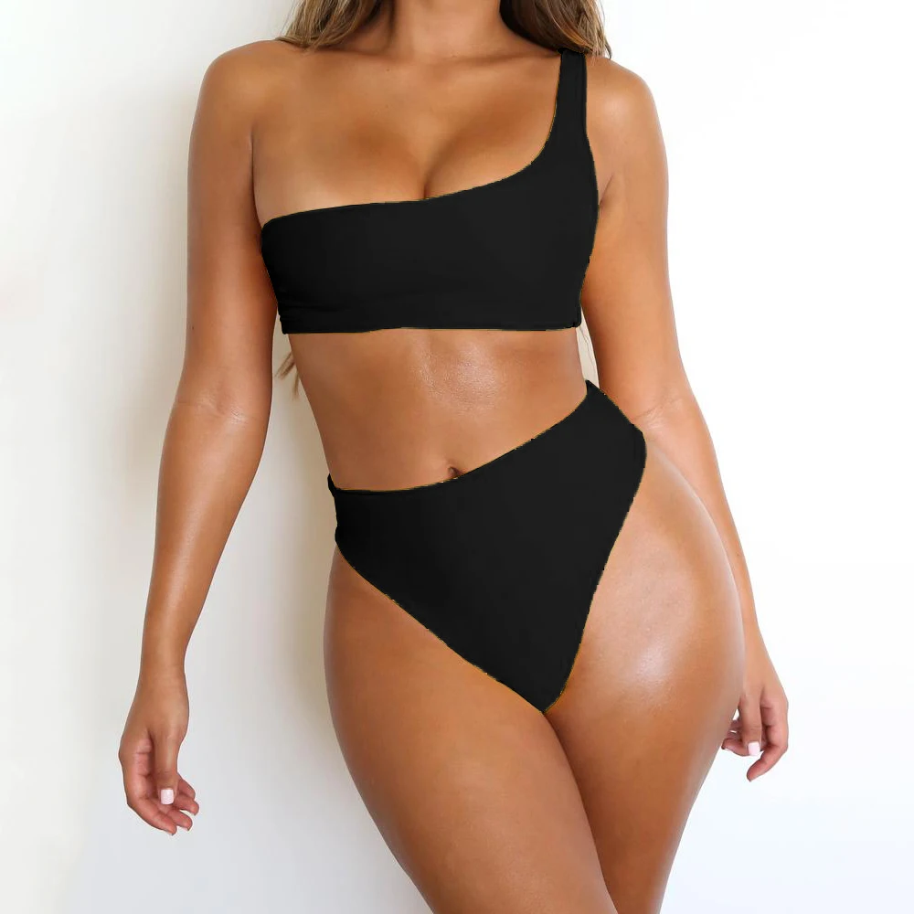 

2019 new split swimwear single shoulder strap solid color high waist split two-piece ladies swimwear sexy red bikini suit