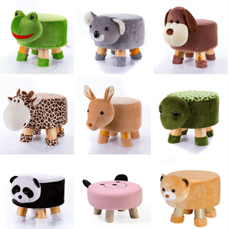 

Handmade Small Cute Children Animal Chair Wood Stools Kids Shoes Sofa with Plush Cartoon Cover Upscale Baby Chairs Bench