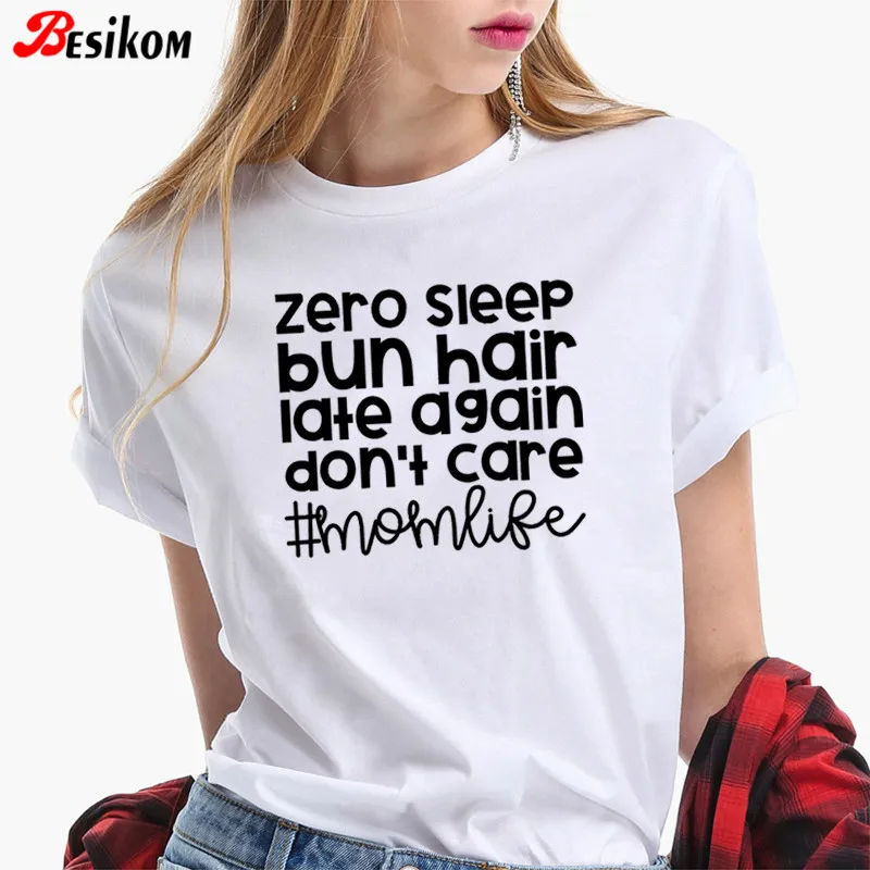 Женская хлопковая футболка с коротким рукавом Besikom белая принтом Zero Sleep Don't Care