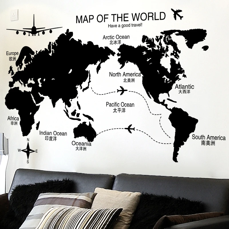 [SHIJUEHEZI] черный цвет карта мира стены стикеры Винил DIY Air Route настенной книги по